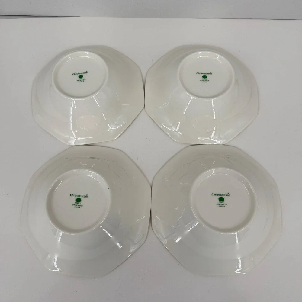 Nikko Christmastime Octagonal Cereal Bowls Set of 4 White Green Trim Japan
